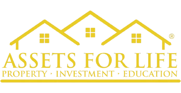 Three gold house icons above text reading Assets For Life Property Investment Education.