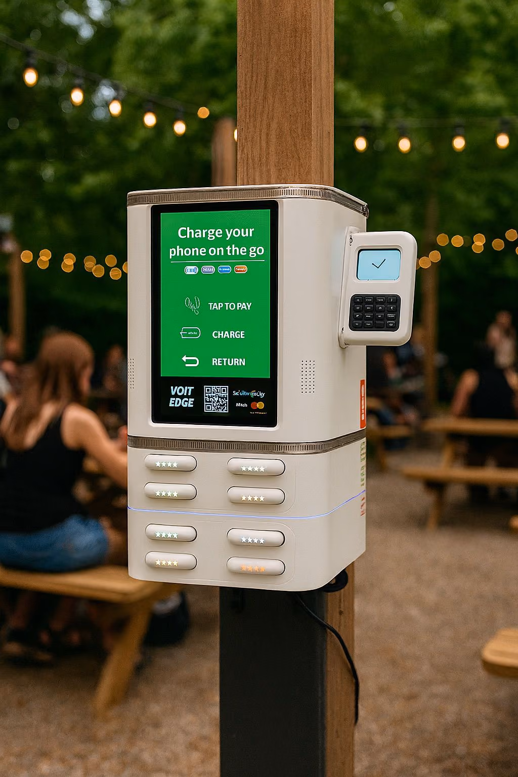 Public phone charging station with multiple ports and a pay terminal mounted on a wooden post outdoors.