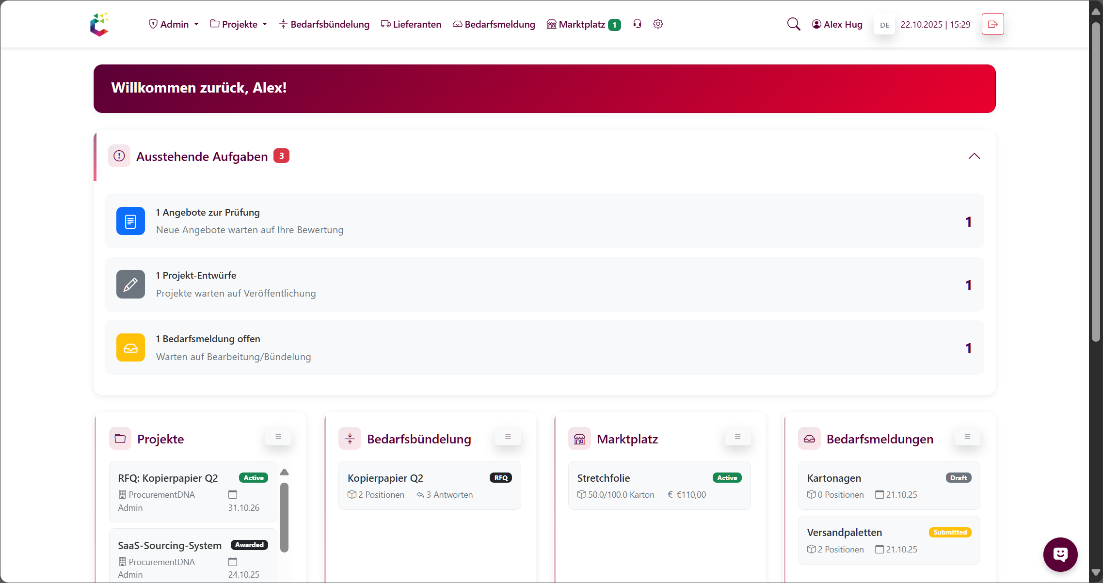Dashboard der cusoso-Plattform – Übersicht über Projekte, Bedarfsbündelung und Marktplatz im digitalen Einkauf