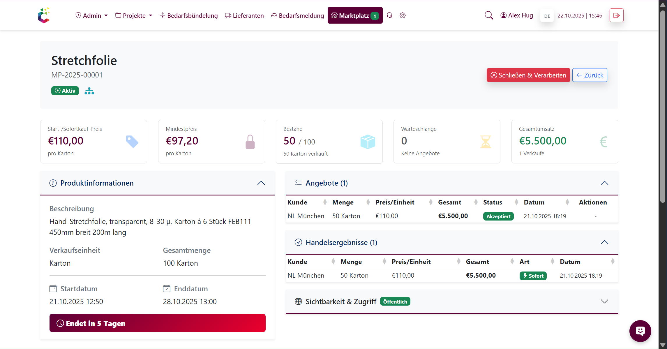 Digitaler Marktplatz der cusoso-Plattform – Übersicht zu Preisen, Beständen und Handelsaktivitäten für Beschaffungsprodukte