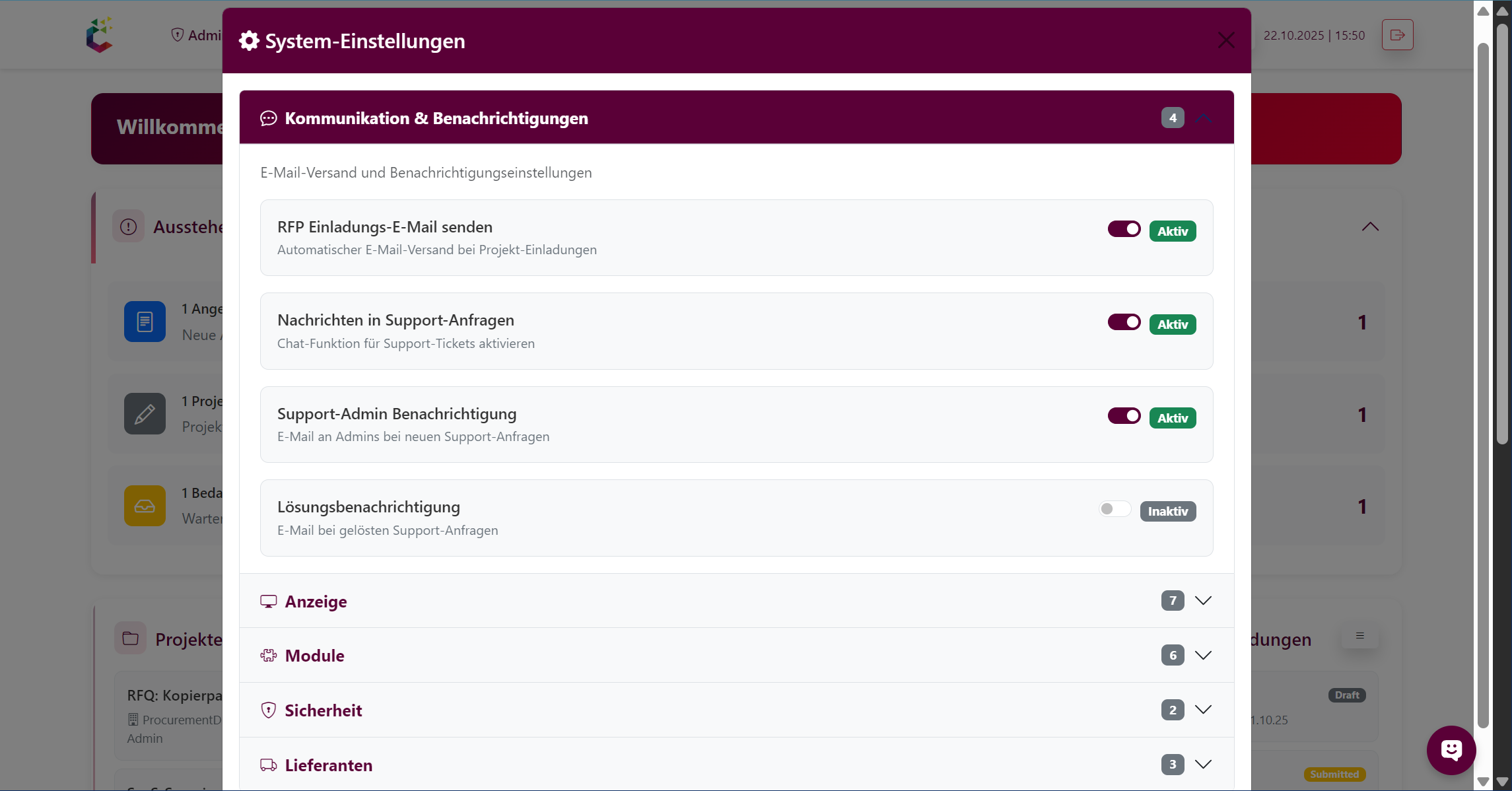 Administrationsbereich der cusoso-Plattform – System-Einstellungen für Kommunikation, Benachrichtigungen und Sicherheitsmodule im digitalen Einkaufssystem