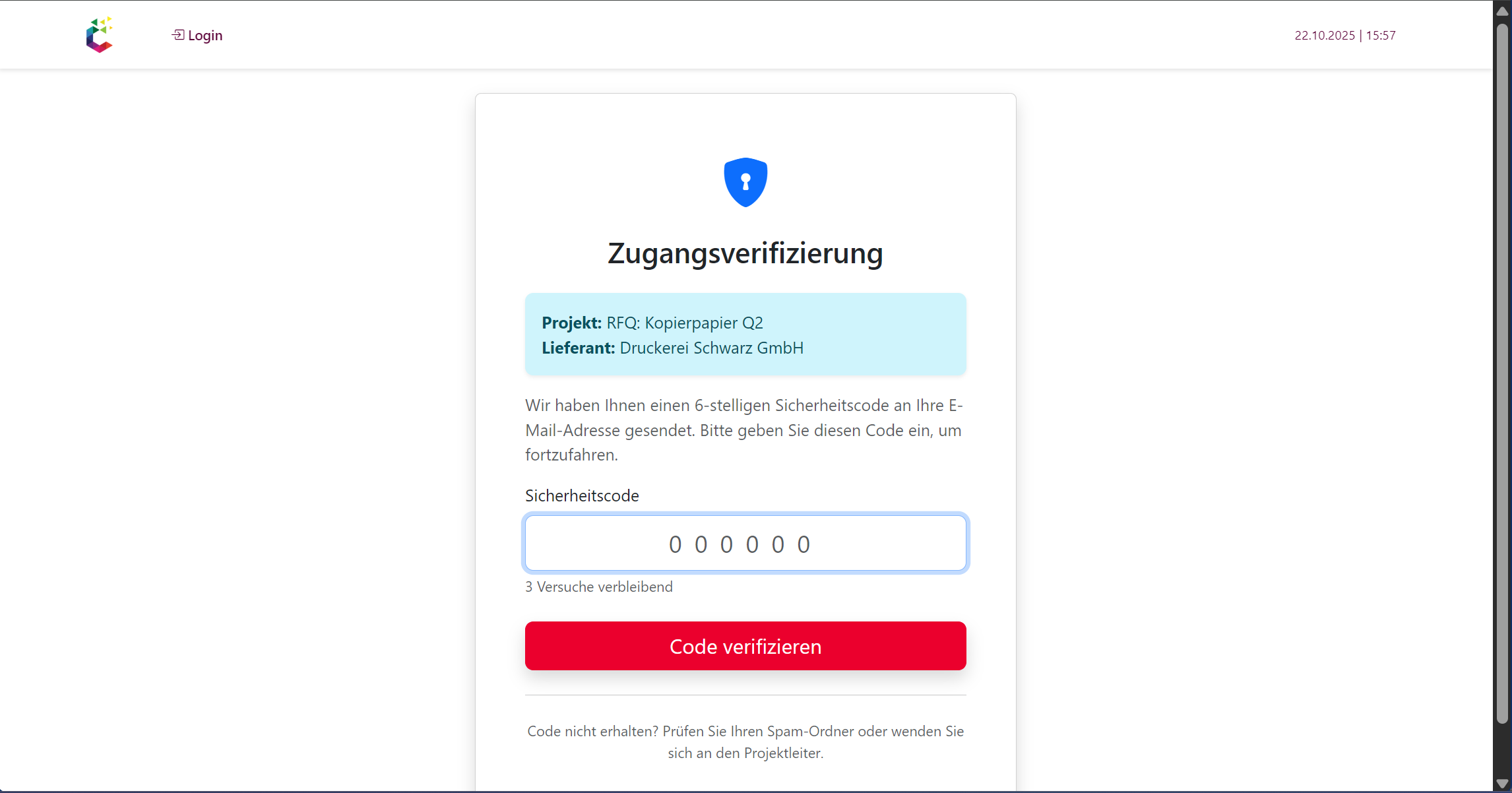 Sichere Zugangsverifizierung in der cusoso-Plattform – Login mit Einmalcode (OTP) für RFQ-Projekte im digitalen Einkauf