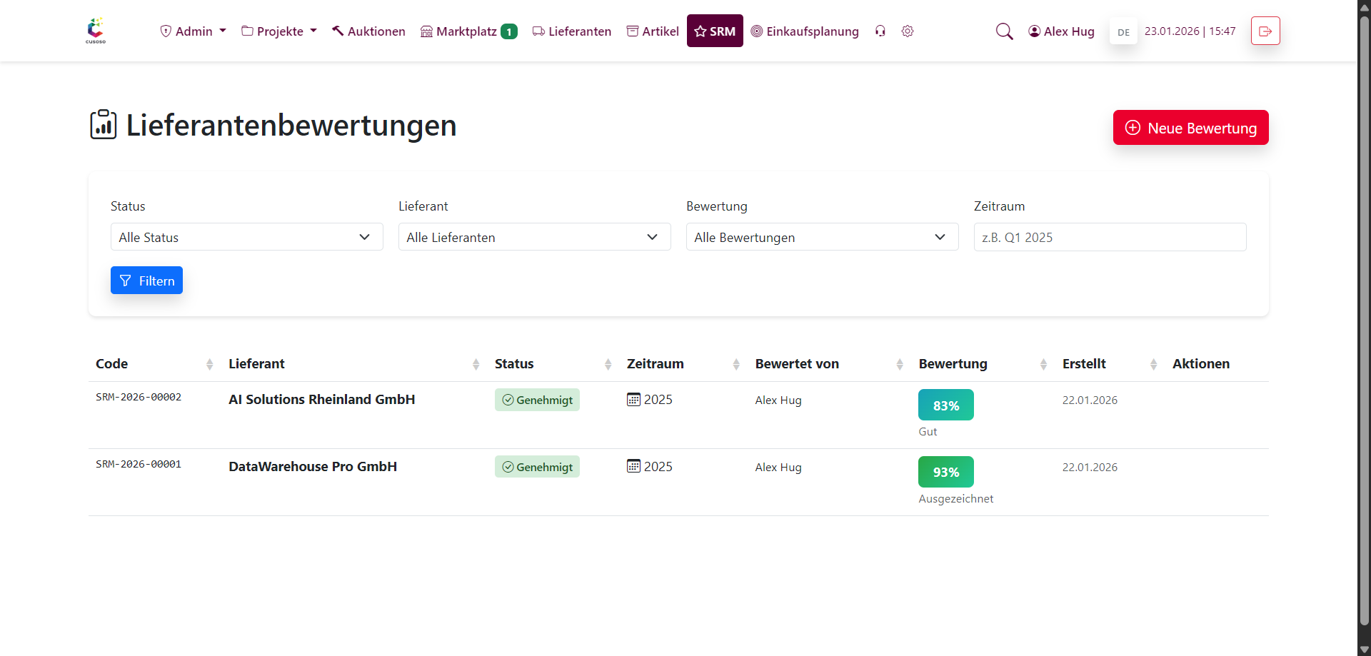 Screenshot für Übersichtsseite der Lieferantenbewertungen