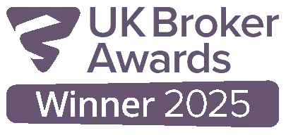 UK Broker Awards Winner 2025 logo with stylized purple graphic and text.
