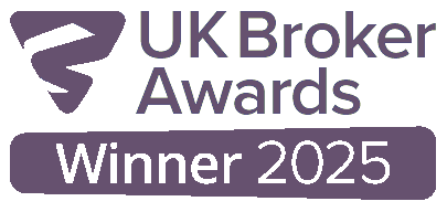 UK Broker Awards Winner 2025 logo with stylized purple graphic and text.