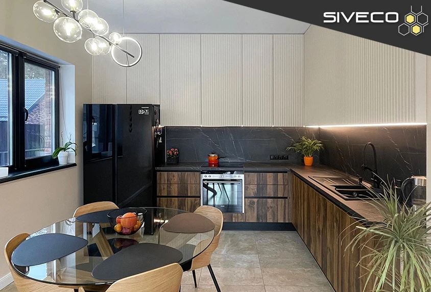 Сучасна кухня: контраст текстурного дерева та темного каменю