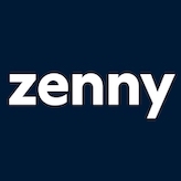 Zenny logo with Zenny on white on dark blue background