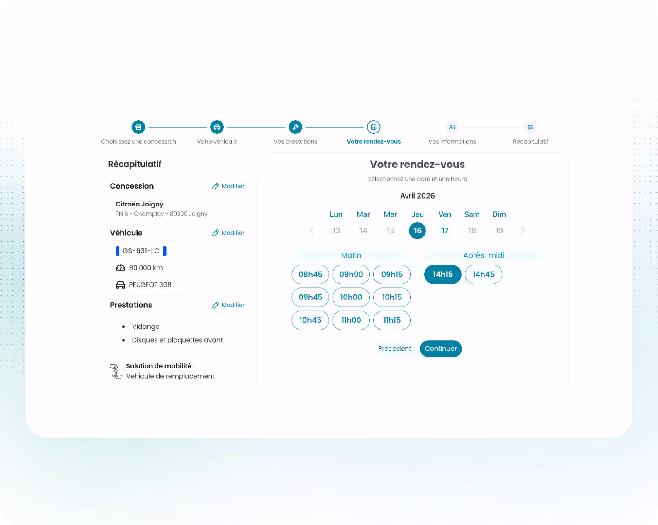 Interface de réservation en ligne permettant aux clients de prendre rendez-vous selon les disponibilités atelier en temps réel