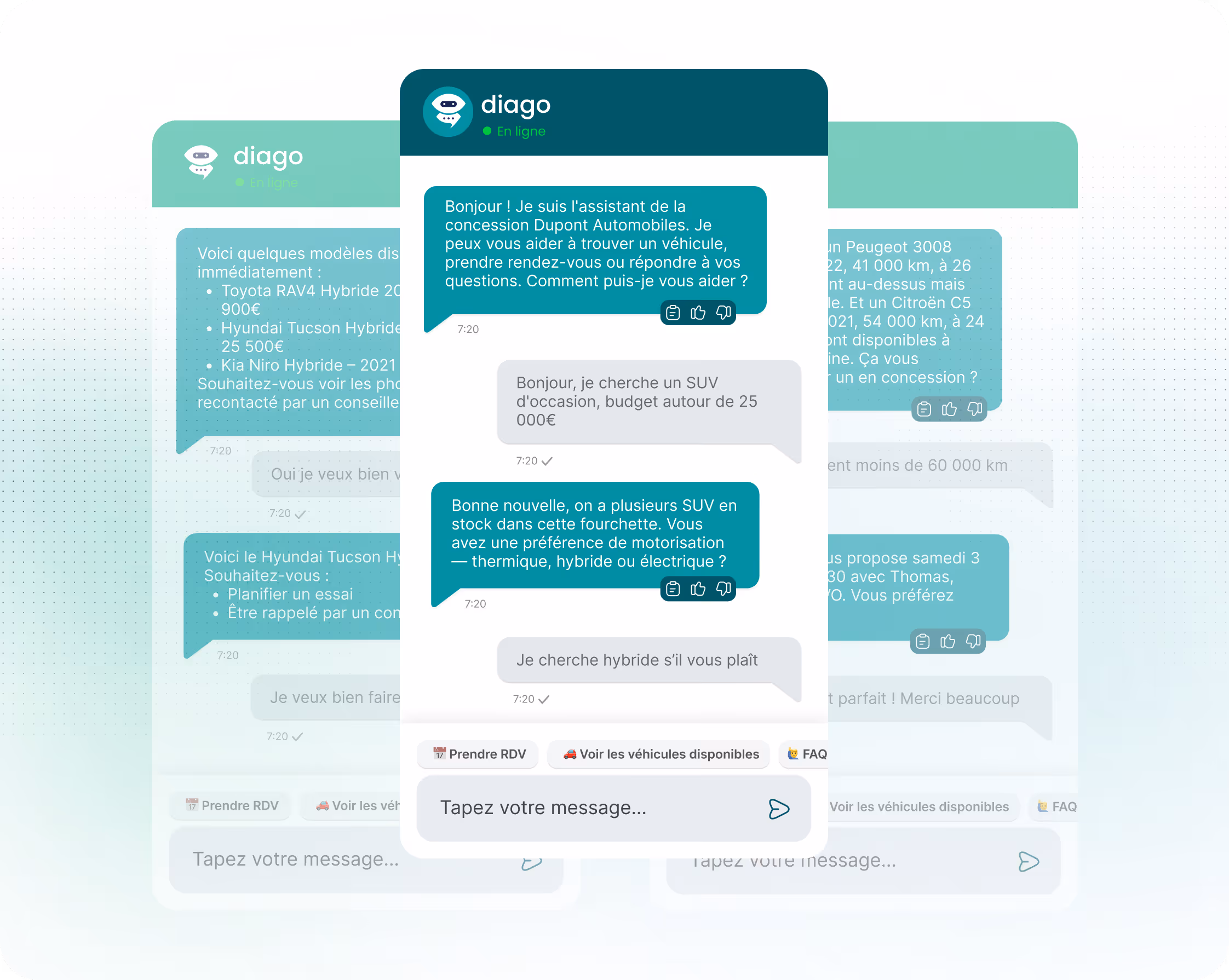 Chatbot IA qualifiant les prospects et les orientant vers des véhicules disponibles ou une prise de rendez-vous