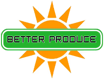 Logo with an orange sun behind a green rounded rectangle containing the text 'BETTER PRODUCE'.