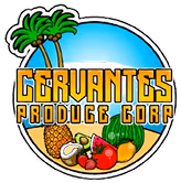 Cervantes Produce Corp logo with palm trees, tropical fruits, and stylized yellow text.