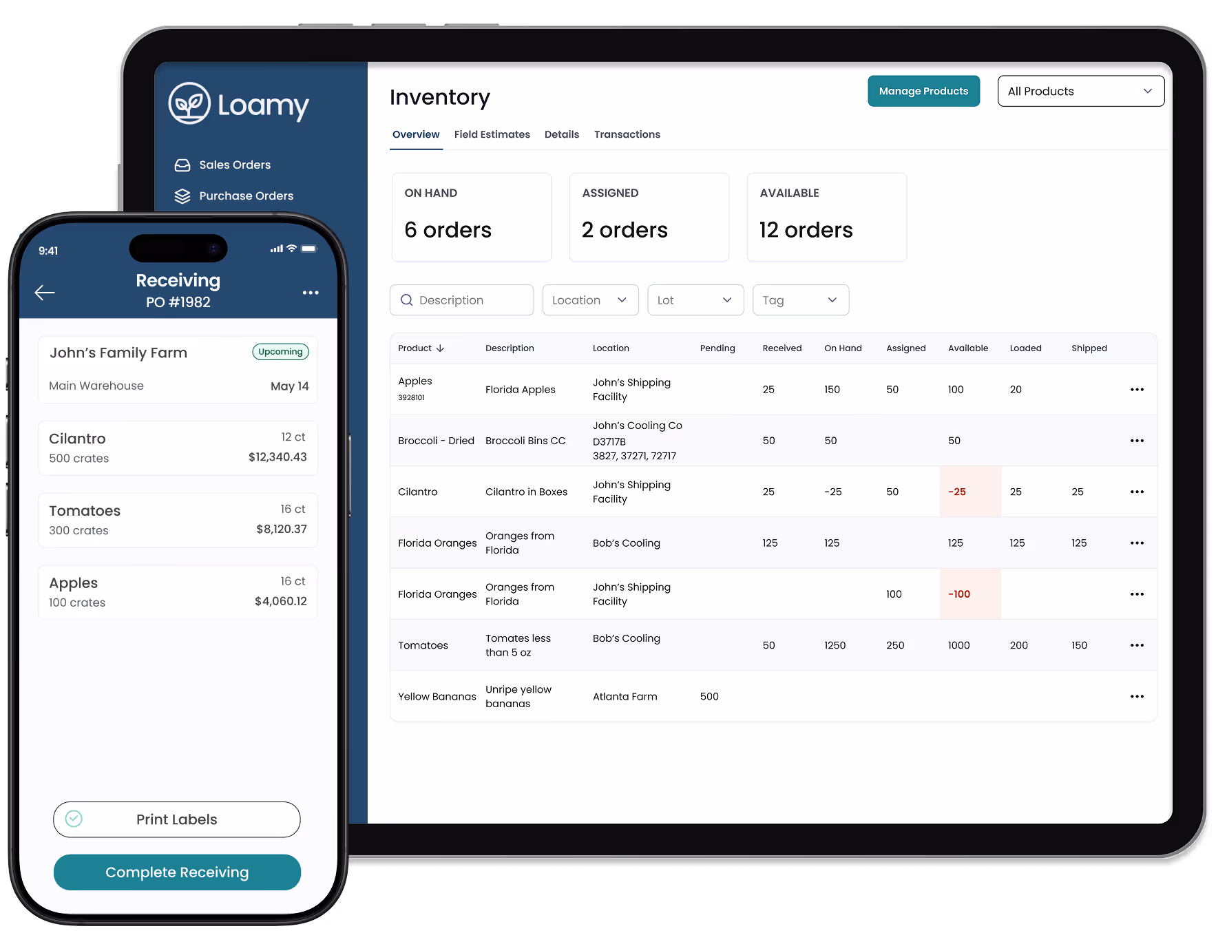 Loamy inventory management dashboard on tablet showing product orders and details, with a mobile view of receiving screen listing purchase orders and crates details.