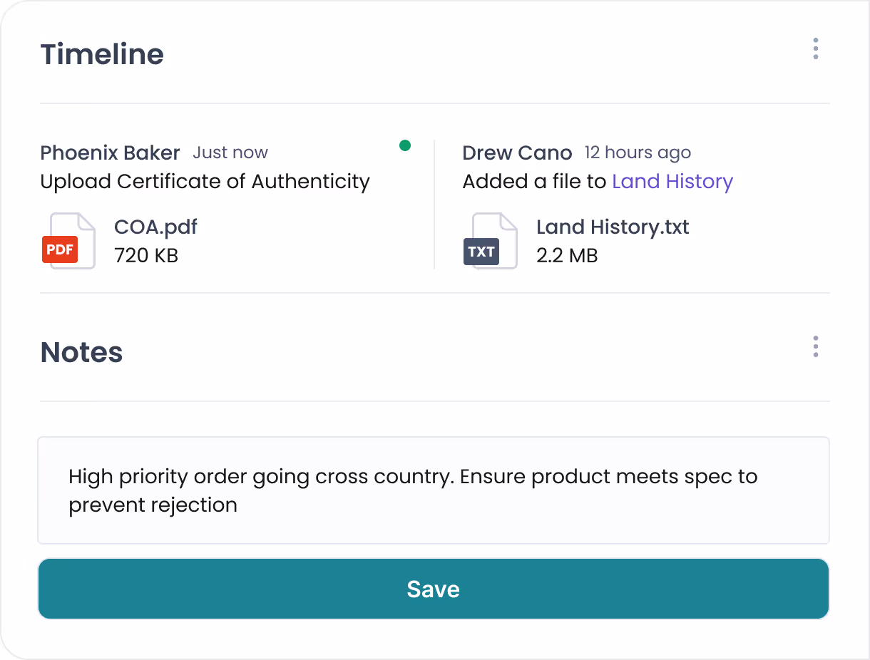 User interface showing a timeline with recent file uploads: a PDF 'COA.pdf' uploaded just now by Phoenix Baker and a text file 'Land History.txt' added 12 hours ago by Drew Cano, plus a notes section with a high priority order note and a Save button.
