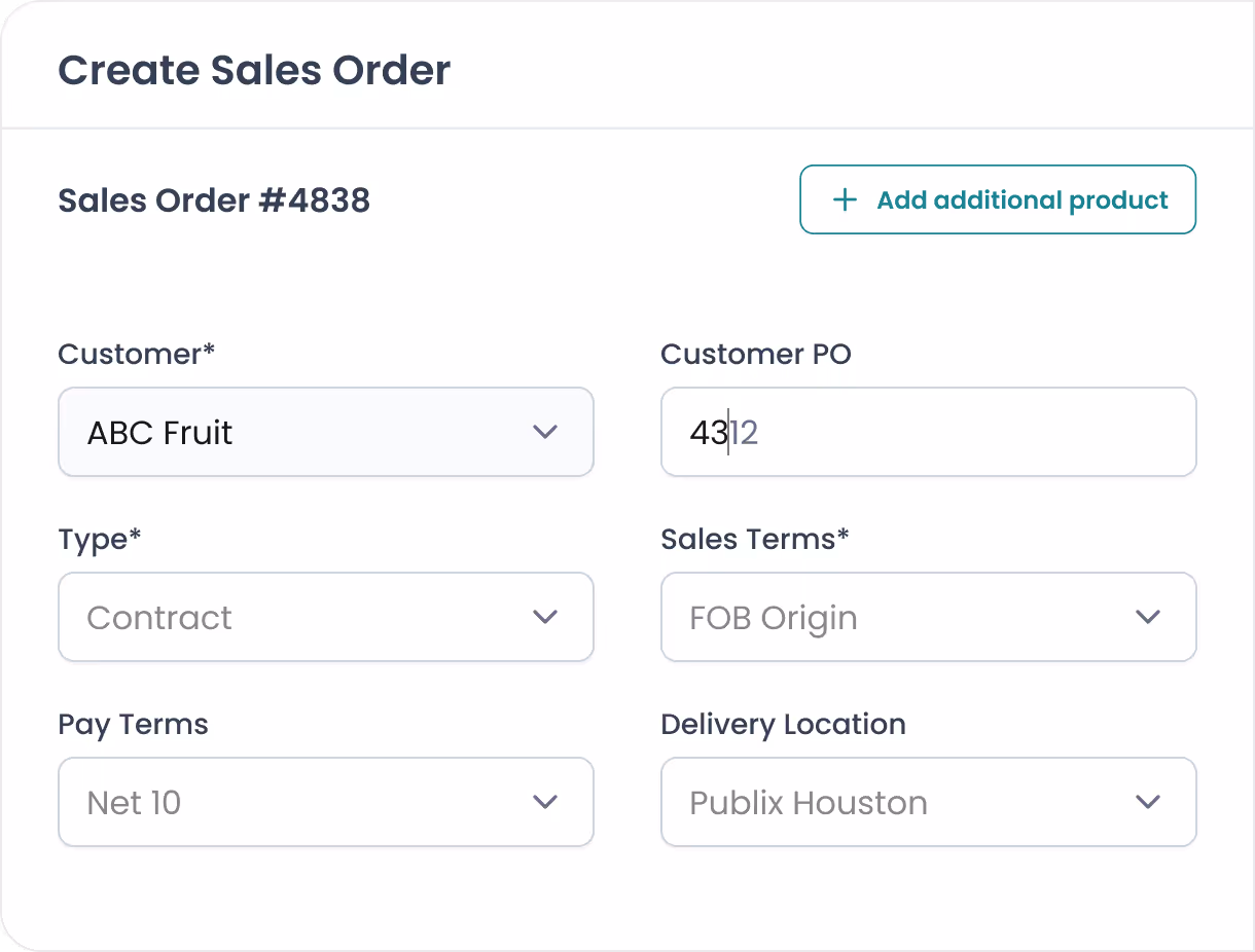 Create Sales Order form showing Sales Order #4838 with customer ABC Fruit, Customer PO field partially filled, type Contract, sales terms FOB Origin, pay terms Net 10, and delivery location Publix Houston.