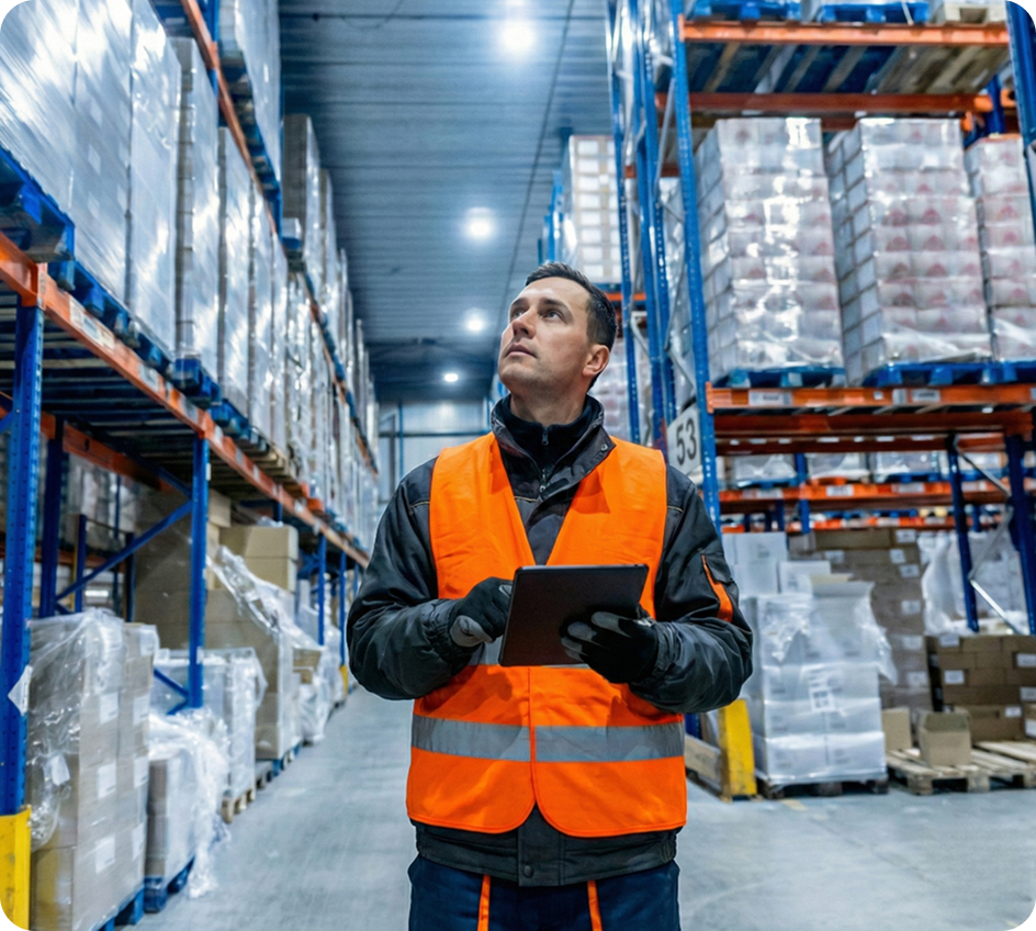 Warehouse worker in an orange safety vest holding a tablet and inspecting shelves stacked with pallets of goods.