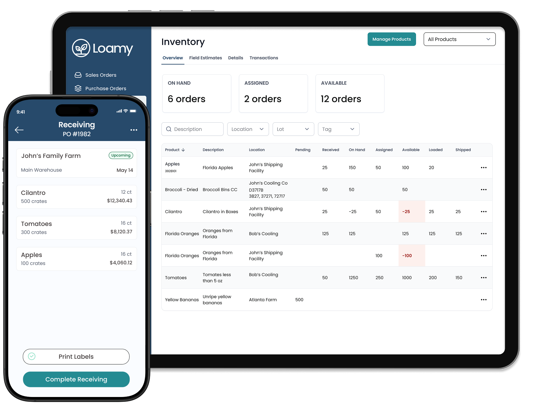 Tablet screen showing Food Safety dashboard with task summaries, supplier health scores, and task list; smartphone screen with Blueberry QA Checklist task details and file upload option.