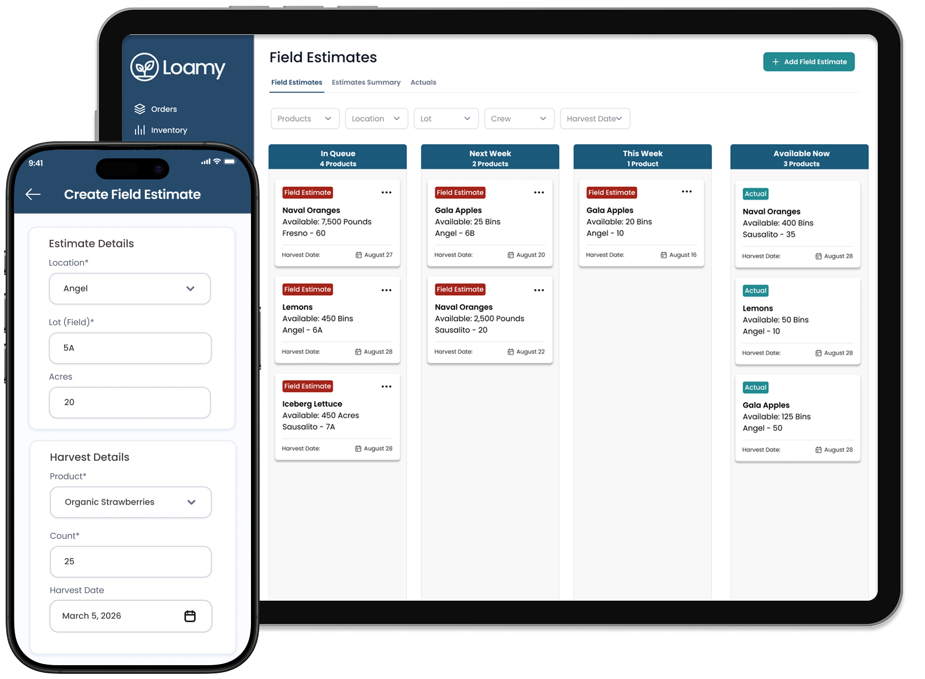Tablet screen showing Food Safety dashboard with task summaries, supplier health scores, and task list; smartphone screen with Blueberry QA Checklist task details and file upload option.