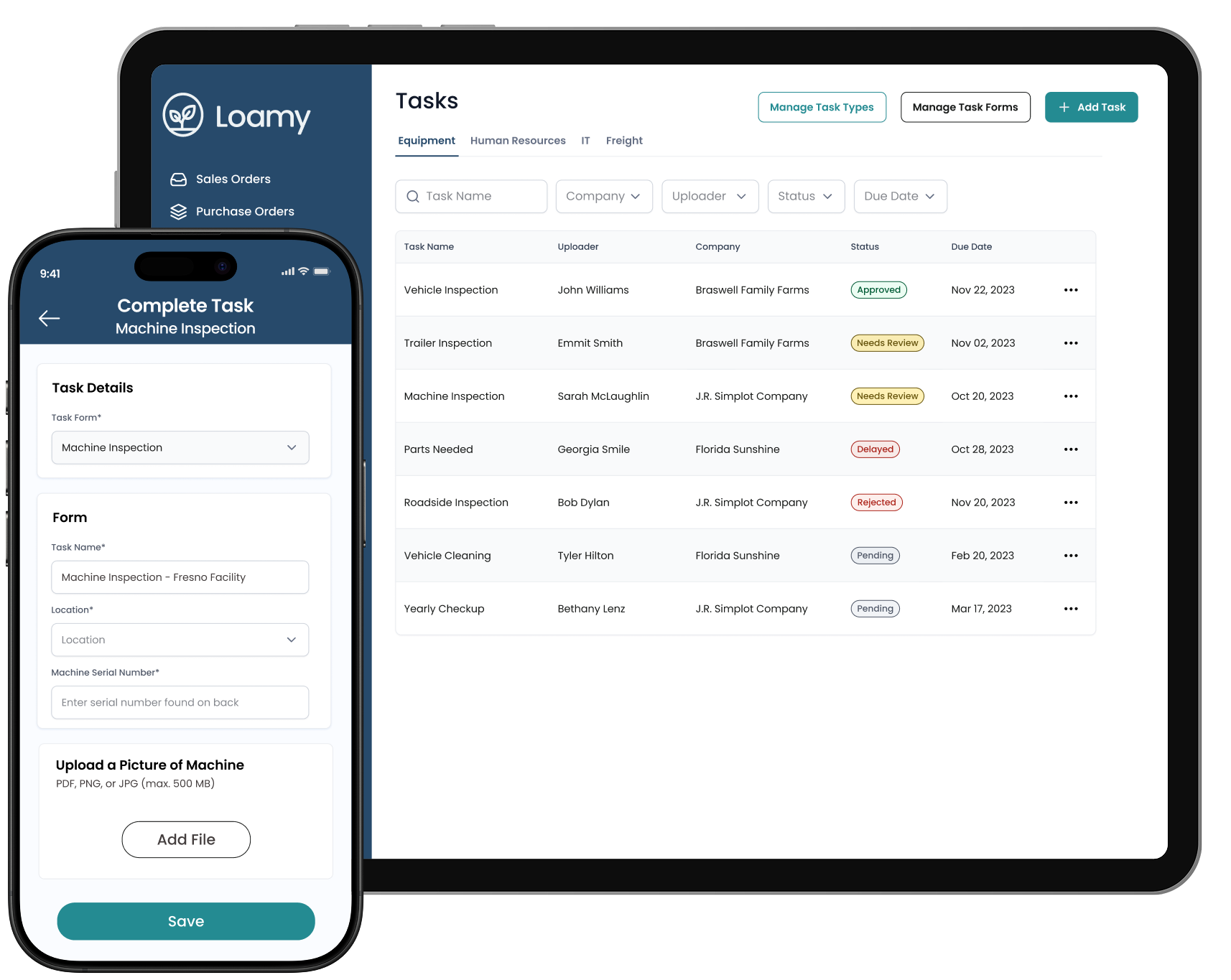 Tablet screen showing Food Safety dashboard with task summaries, supplier health scores, and task list; smartphone screen with Blueberry QA Checklist task details and file upload option.