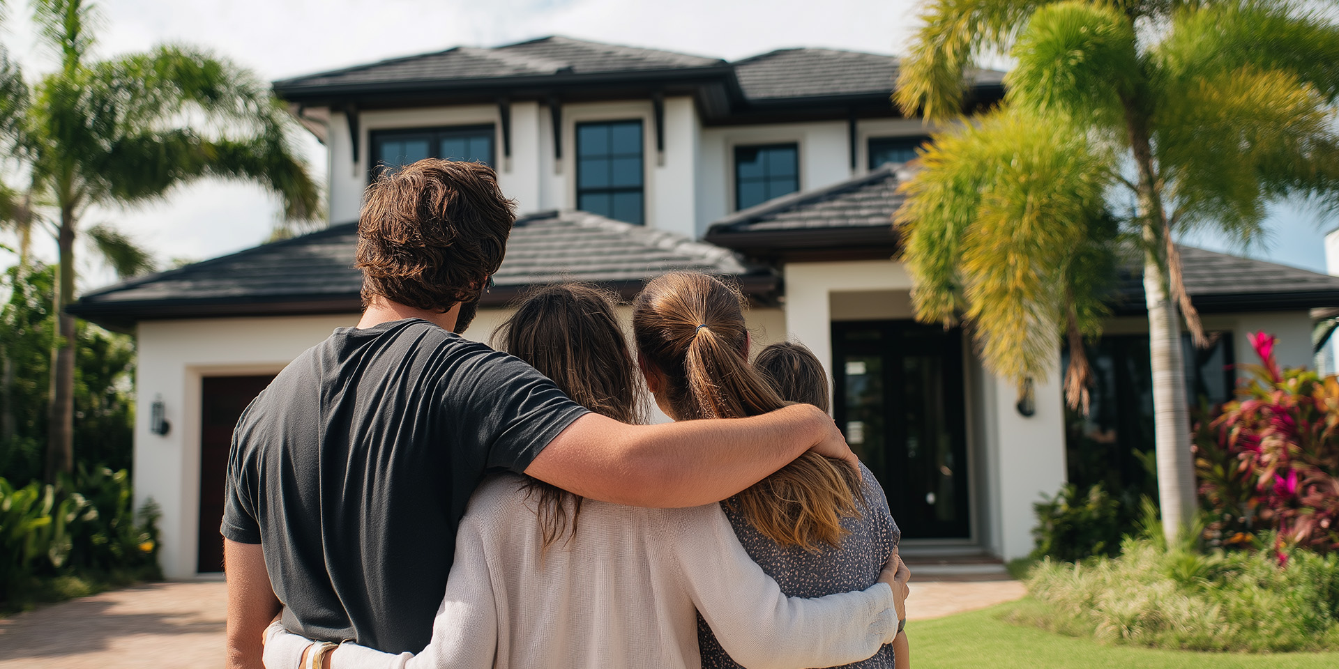 A family looking up at their brand new roof