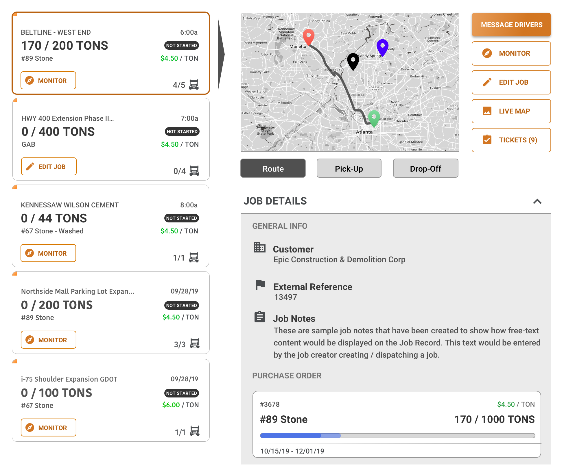 Screenshot of dump truck delivery with a map