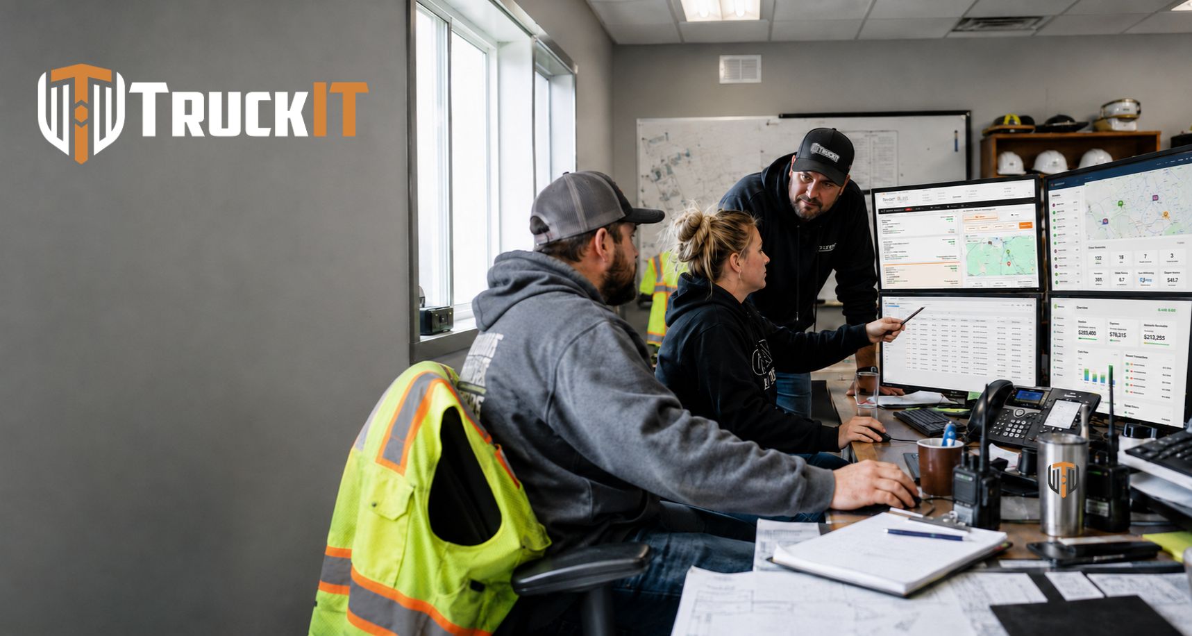 Construction dispatch team reviewing digital dashboards and job data in an office, illustrating how TruckIT connects dispatch, ticketing, delivery, and billing workflows.