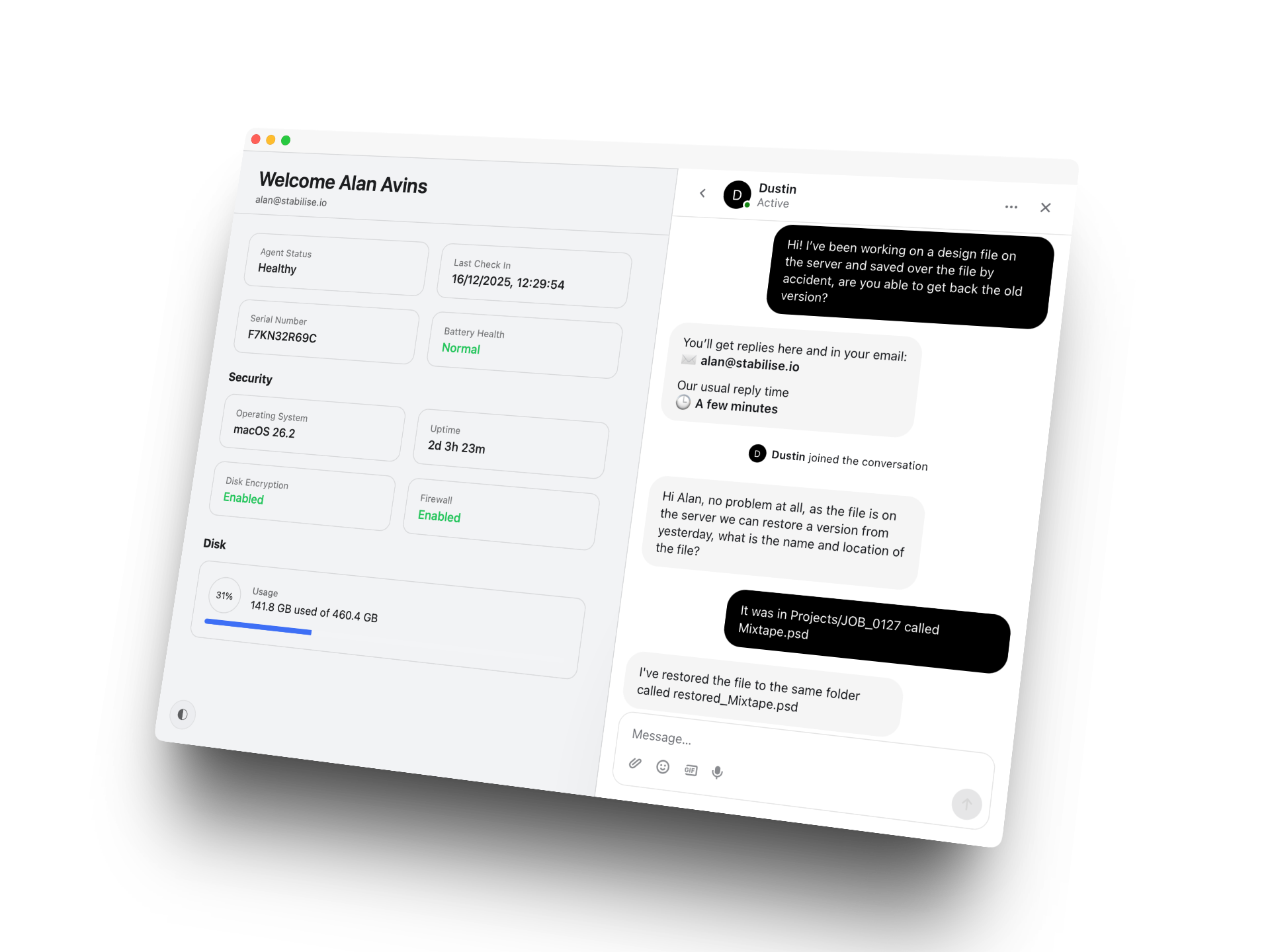 Stabilise Chat App in action, human support always - hero section