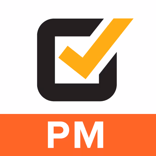 Black square with a yellow checkmark above the letters PM on an orange background.