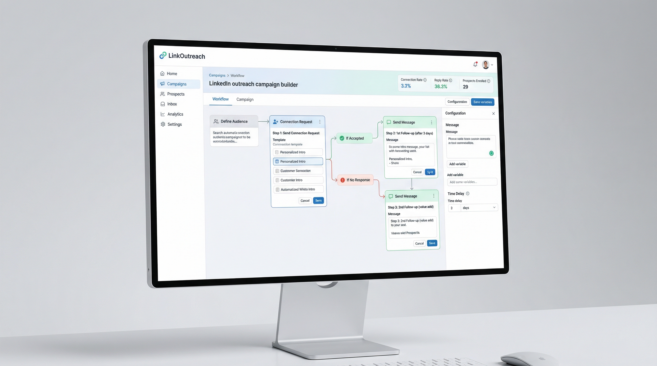 HeyReach platform interface showing campaign builder and automation workflows