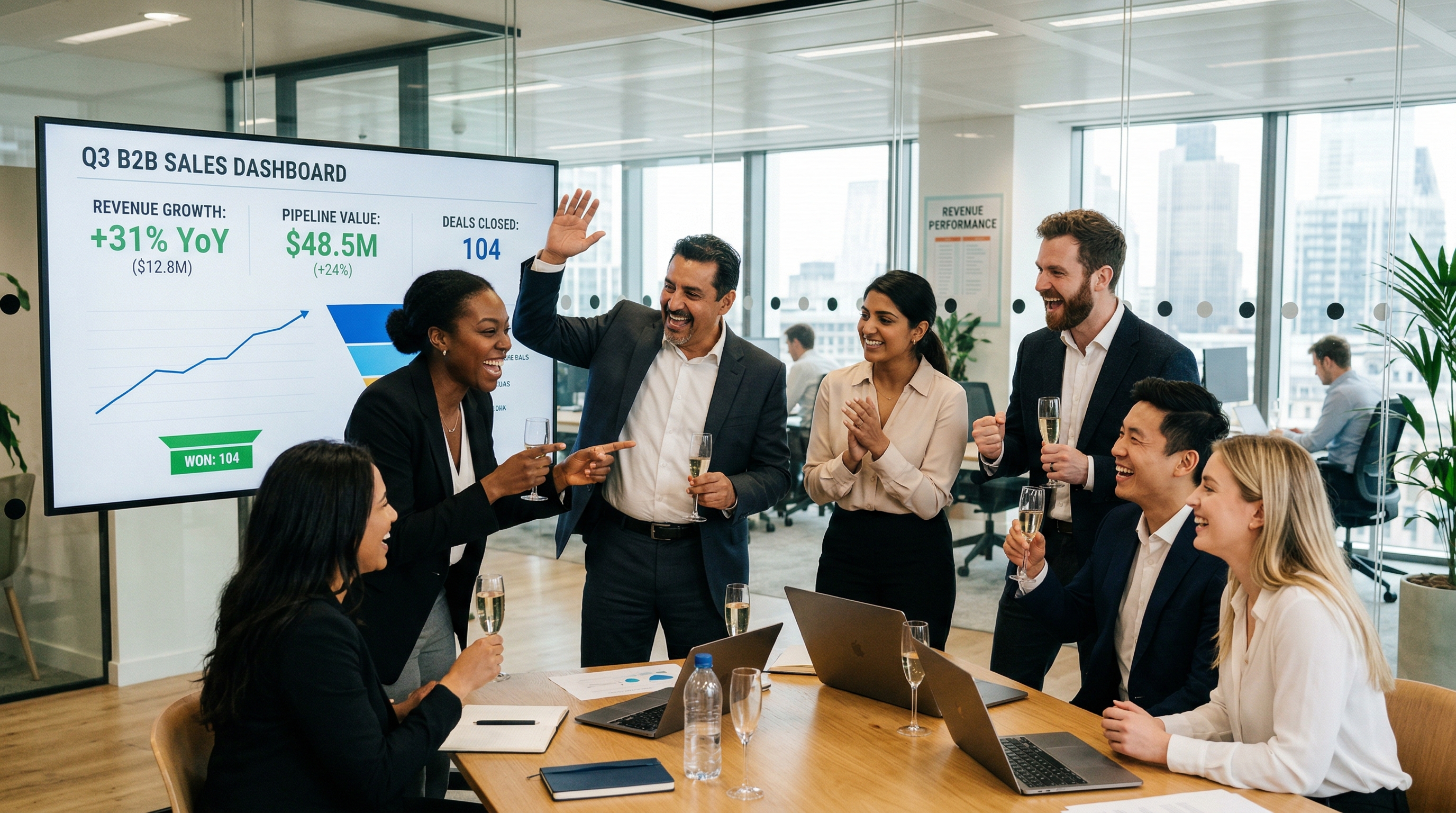 Sales team reviewing growing outreach metrics on a dashboard