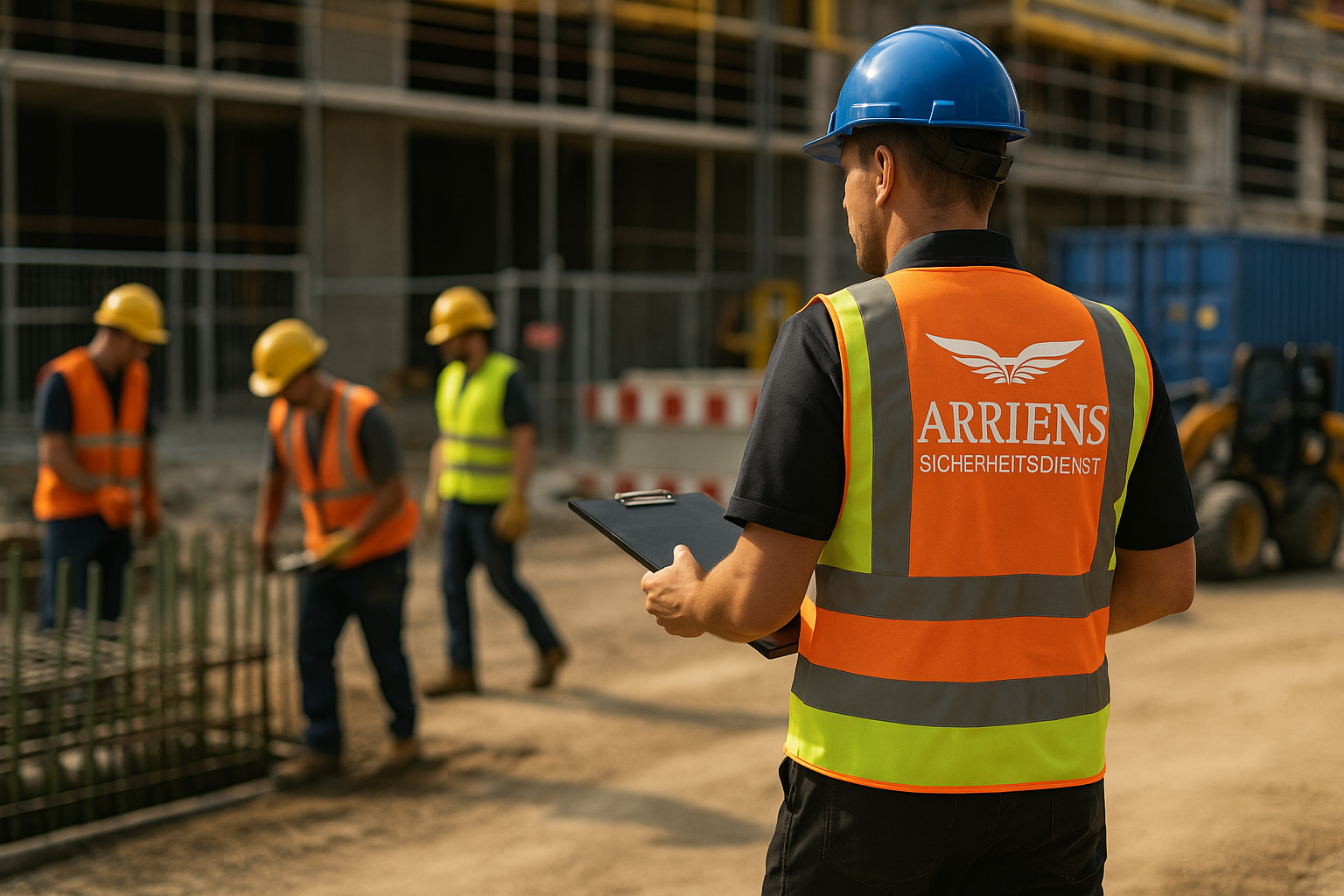 Safety supervisor in a blue helmet and orange vest with ARRIENS Sicherheitsdienst logo holding a clipboard on a construction site with workers in yellow helmets.