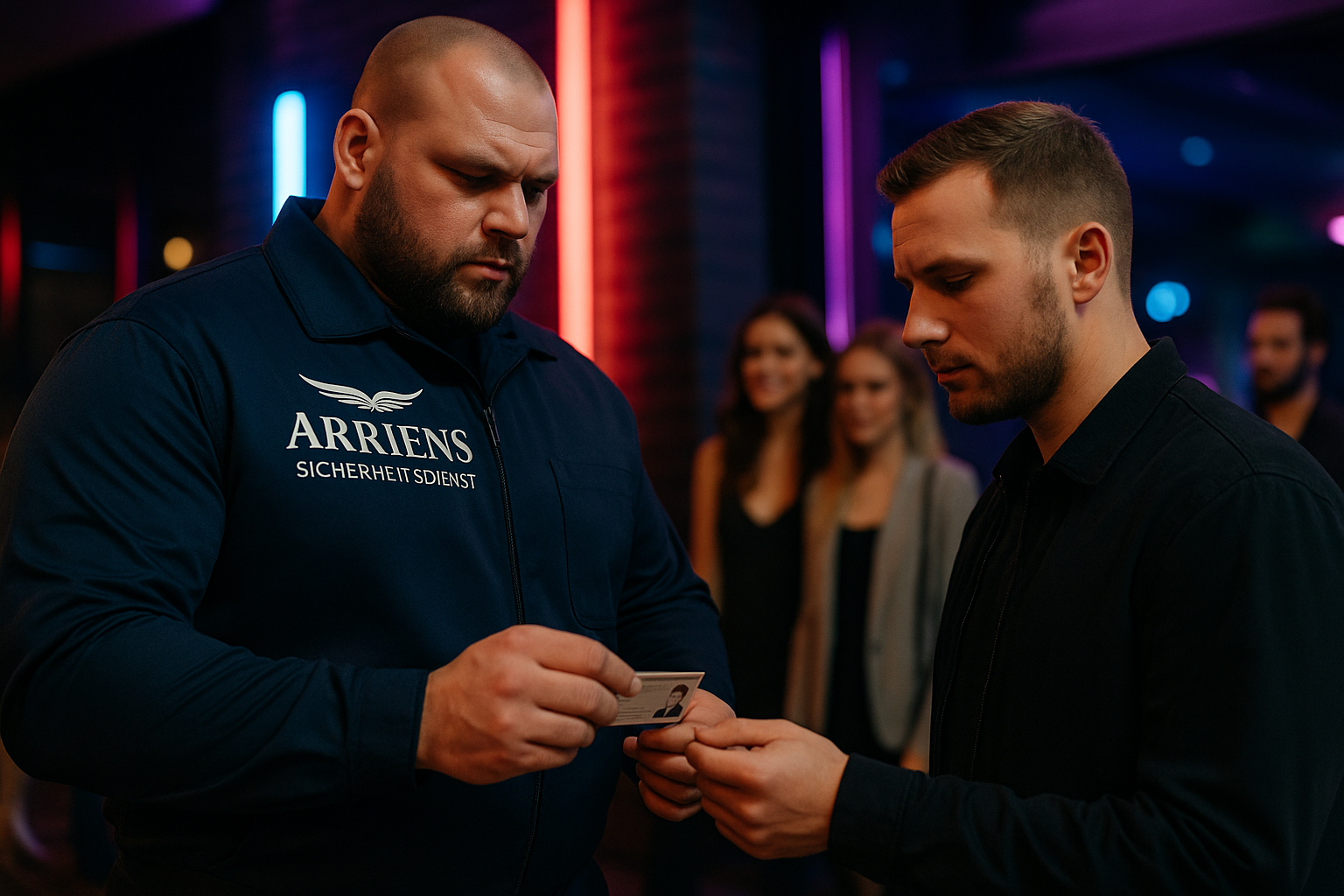 A security guard checking the ID card of a man at a nightclub entrance with colorful neon lights in the background.