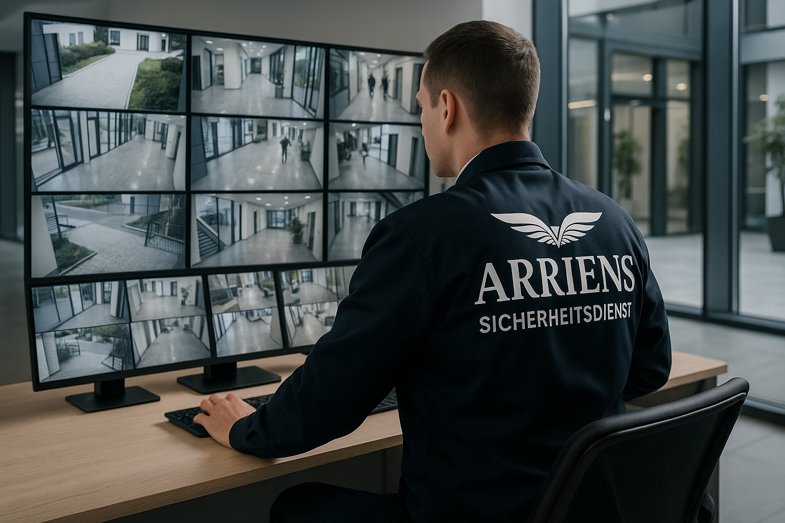 Security guard in an Arrriens Sicherheitsdienst jacket monitoring multiple surveillance camera feeds on a large screen in a modern office.