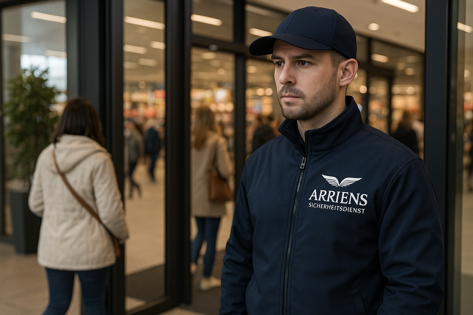 Security guard wearing navy jacket with Arriens Sicherheitsdienst logo standing at entrance of a busy building.