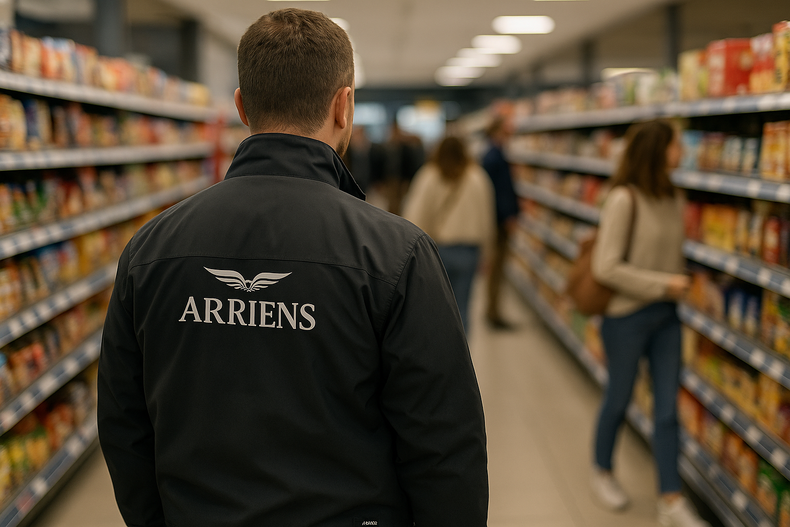 Man wearing a black jacket with 'ARRIENS' on the back standing in a grocery store aisle.