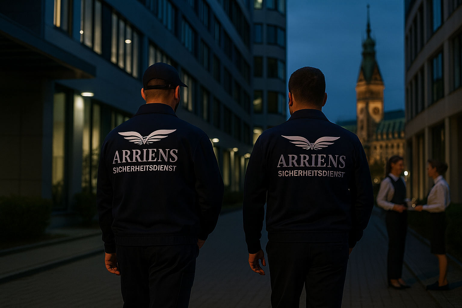 Two security guards wearing jackets with 'Arriens Sicherheitsdienst' walking between office buildings at dusk with a historic clock tower in the background.