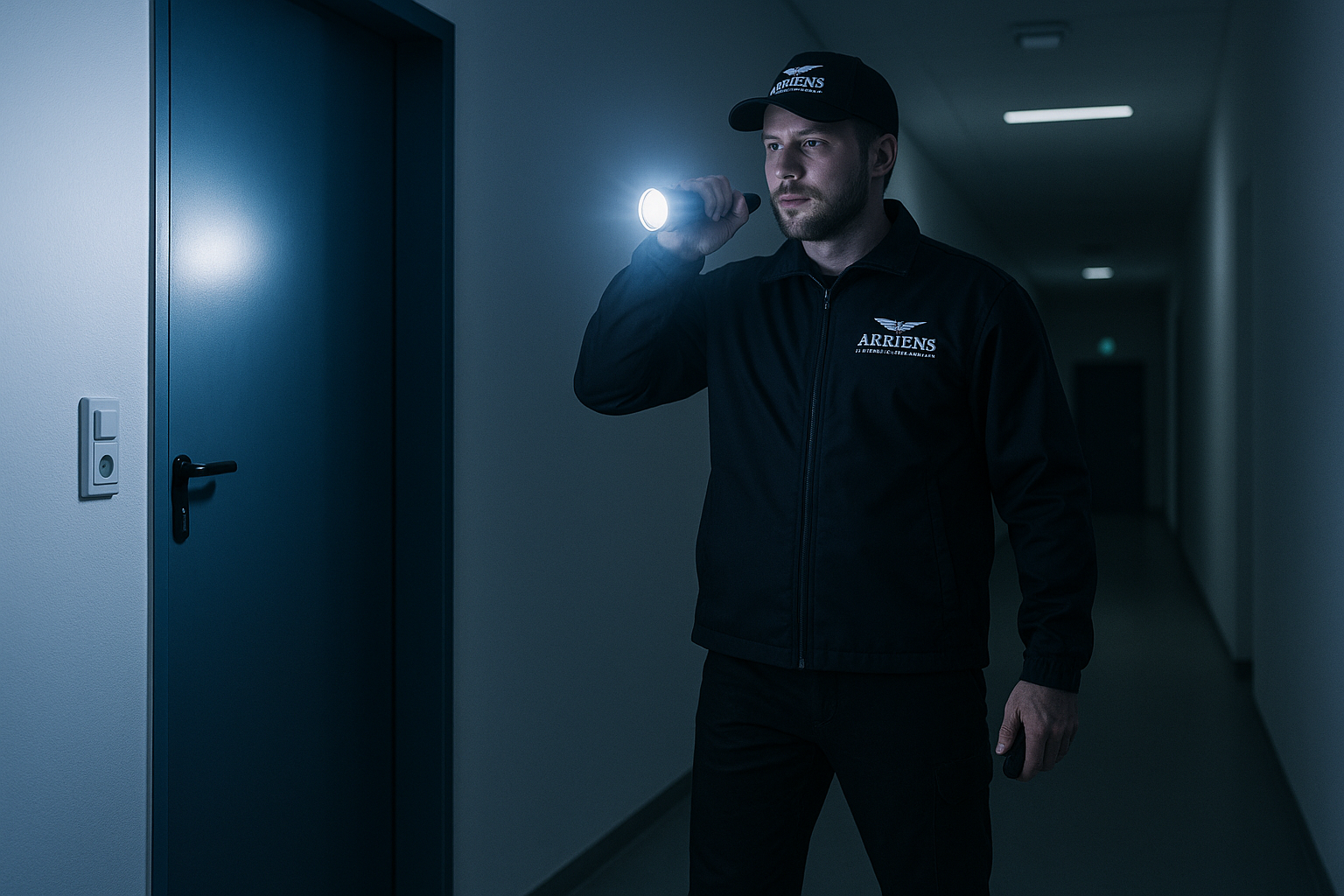 Security guard in uniform holding a flashlight and inspecting a dark hallway near a closed door.