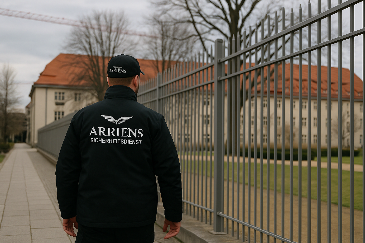 Security guard wearing a black jacket and cap with the logo ARRiENS SICHERHEITSDIENST walking alongside a metal fence near a building with a red roof.