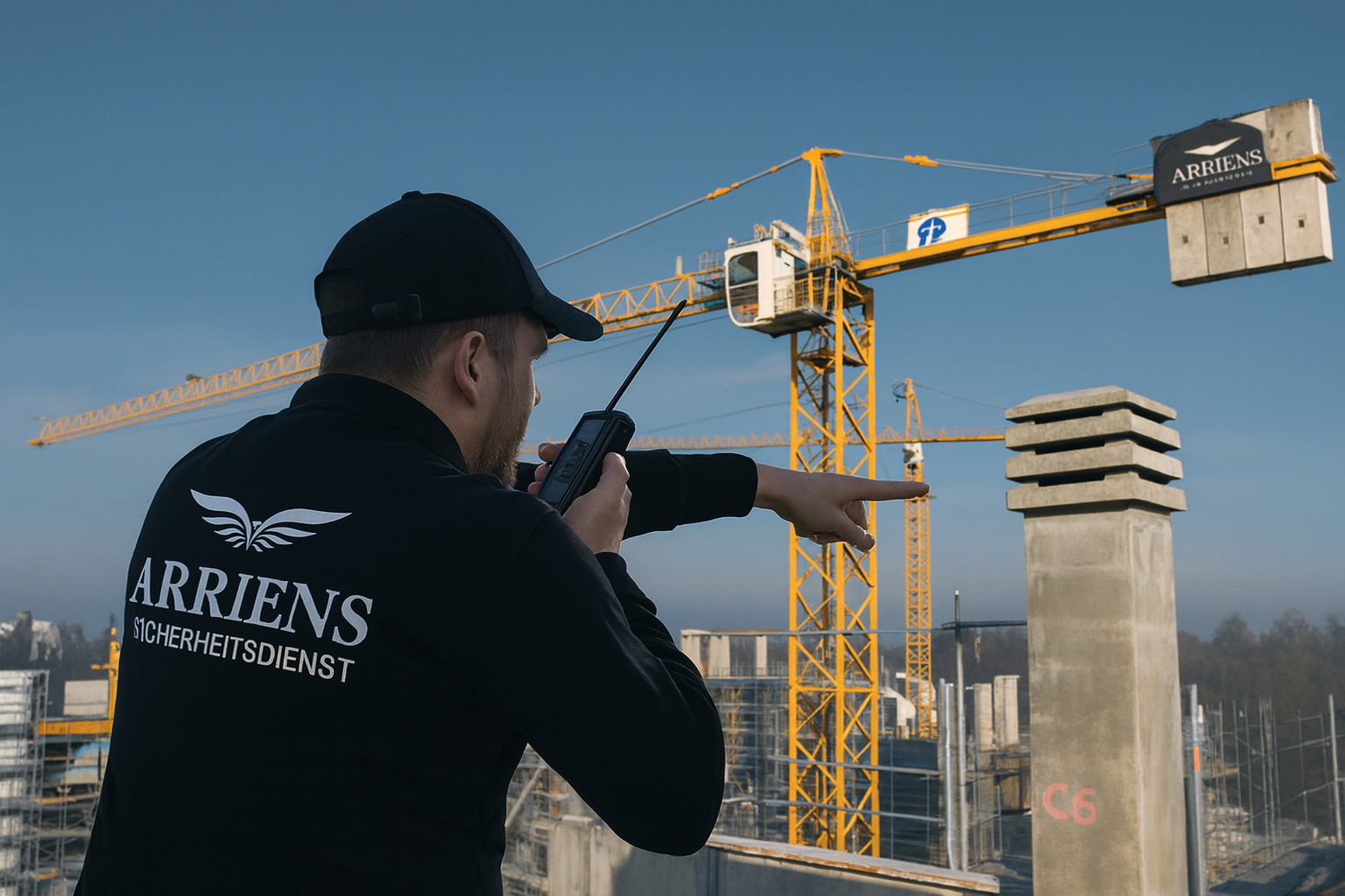 Security guard using a walkie-talkie and pointing at a construction site with yellow cranes.