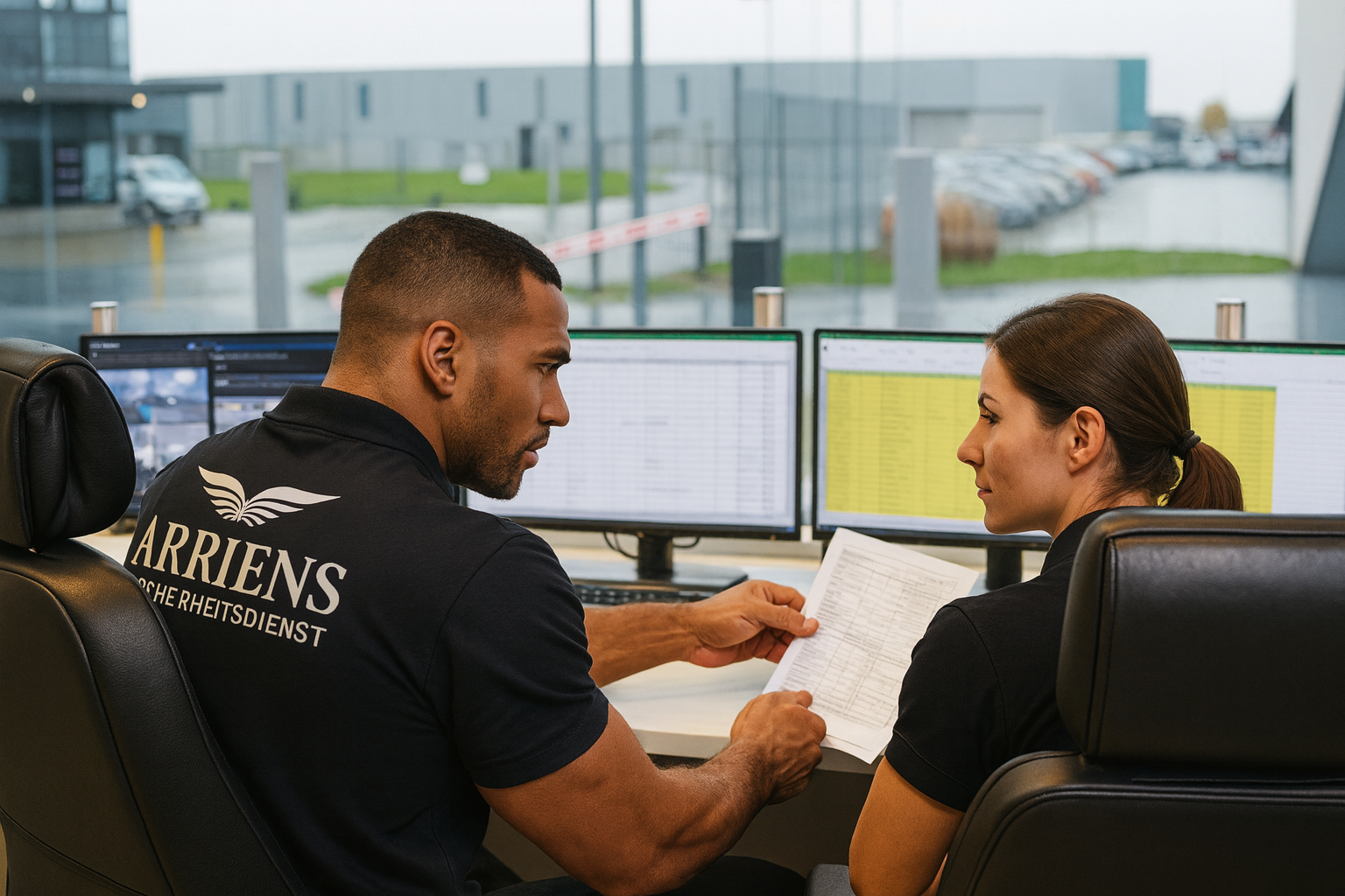 Two security professionals discussing a document while seated in front of multiple computer monitors displaying data.