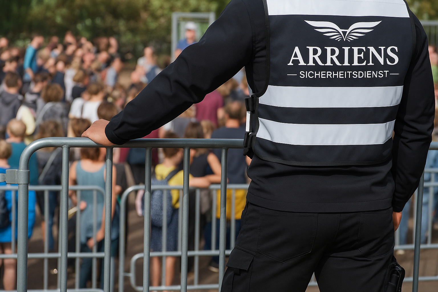 Security guard in black uniform with reflective vest labeled 'Arriens Sicherheitsdienst' standing behind metal barriers at an outdoor event with a crowd in the background.