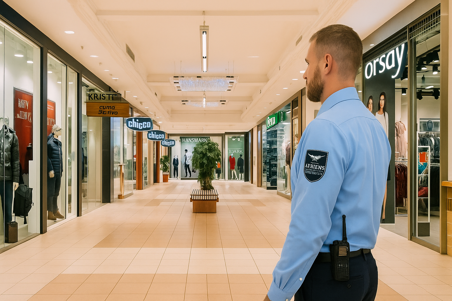 Security guard in blue uniform standing inside a shopping mall corridor with various store signs and mannequins.