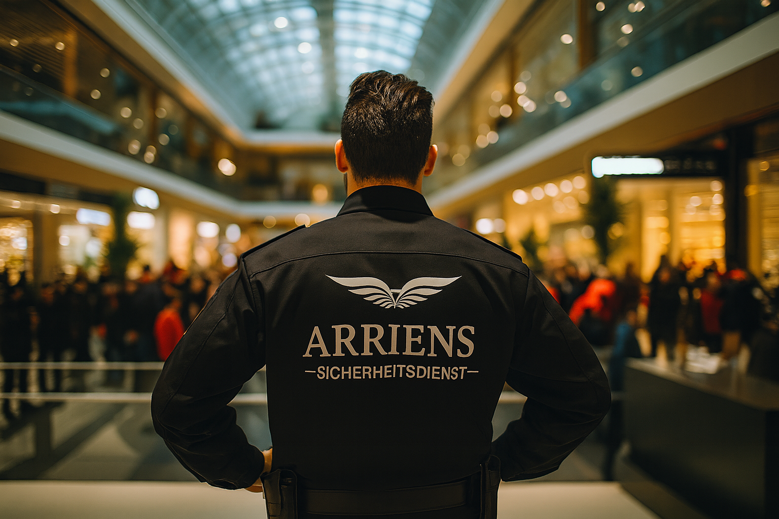 Security guard wearing a black jacket with 'ARRIENS SICHERHEITSDIENST' on the back, standing inside a busy shopping mall.