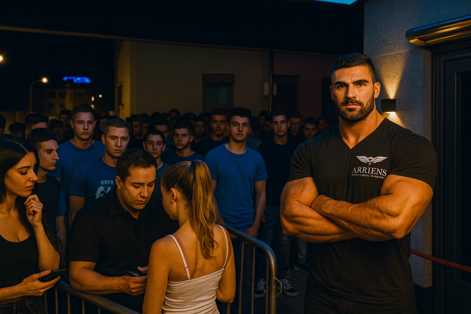 Muscular security guard with arms crossed stands near entrance while a man checks IDs of people in line at night.
