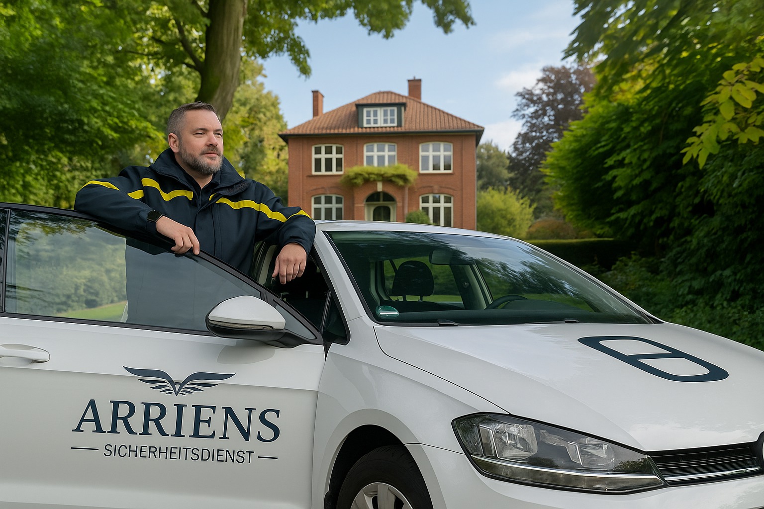 Security guard leaning on the open door of a white car with 'Arriens Sicherheitsdienst' logo in front of a large brick house surrounded by trees.