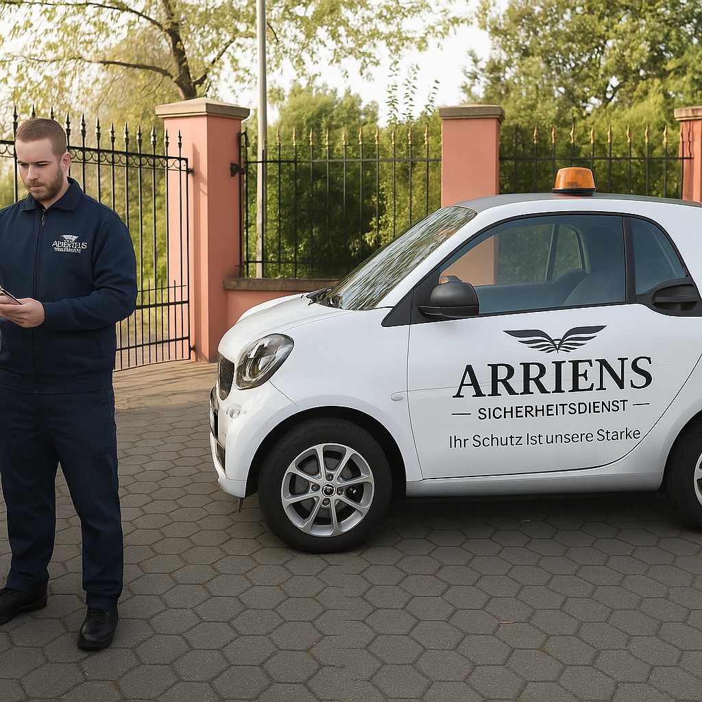 Security guard in dark uniform standing near a white security service car with 'ARRIENS Sicherheitsdienst' written on the side.