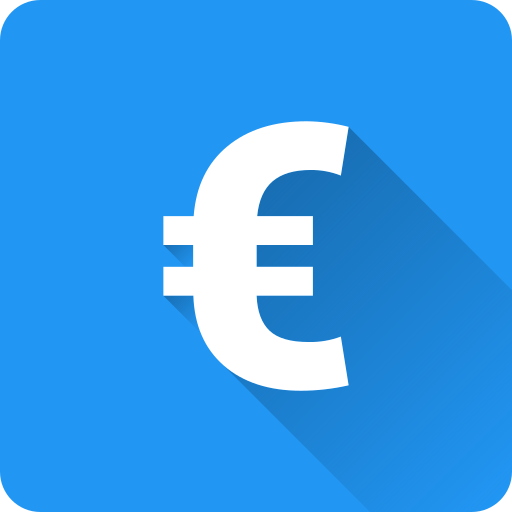 White euro currency symbol on a blue square background with rounded corners and long shadow.