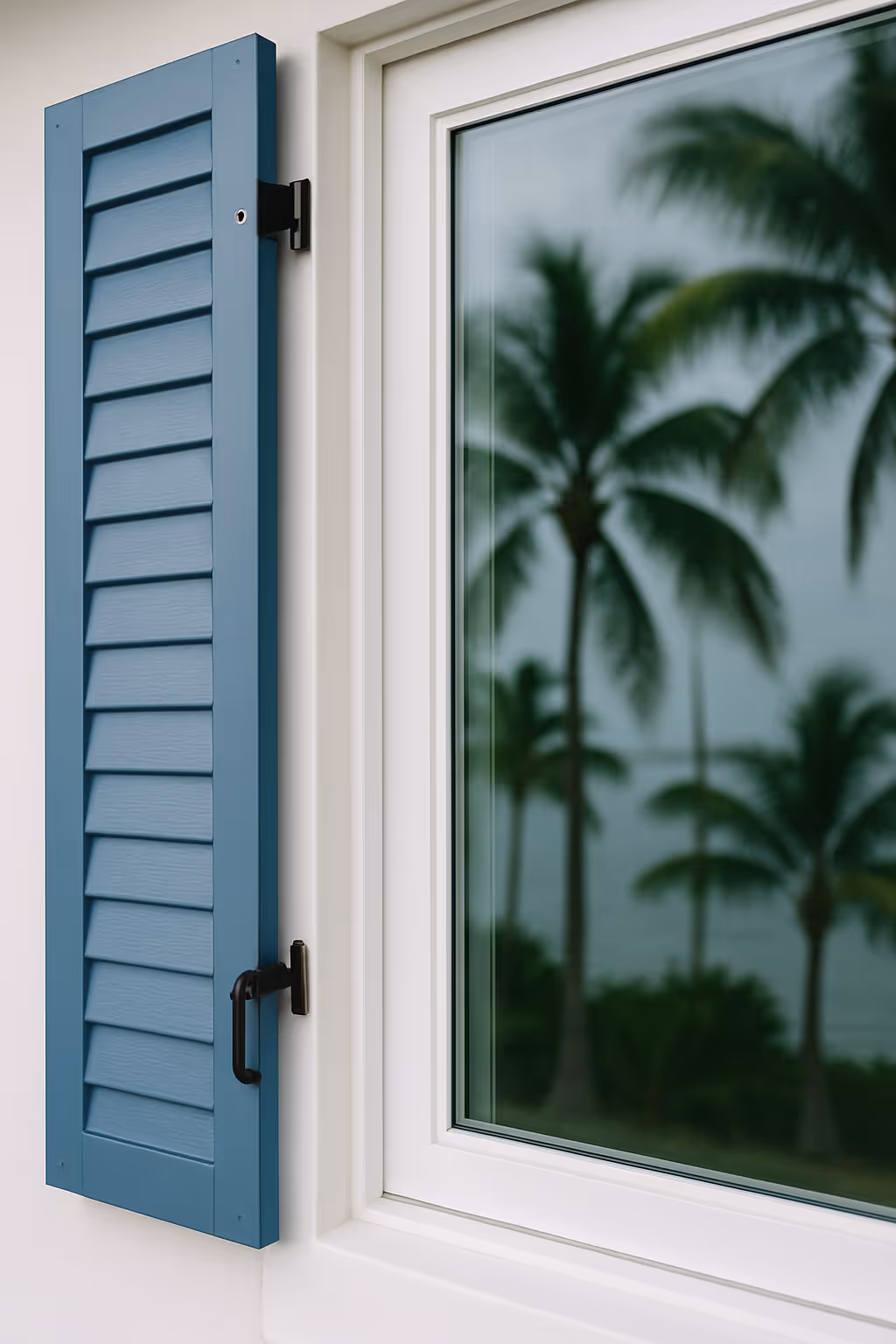 Shutters and palm tree reflection in a window of a Tavernier home.