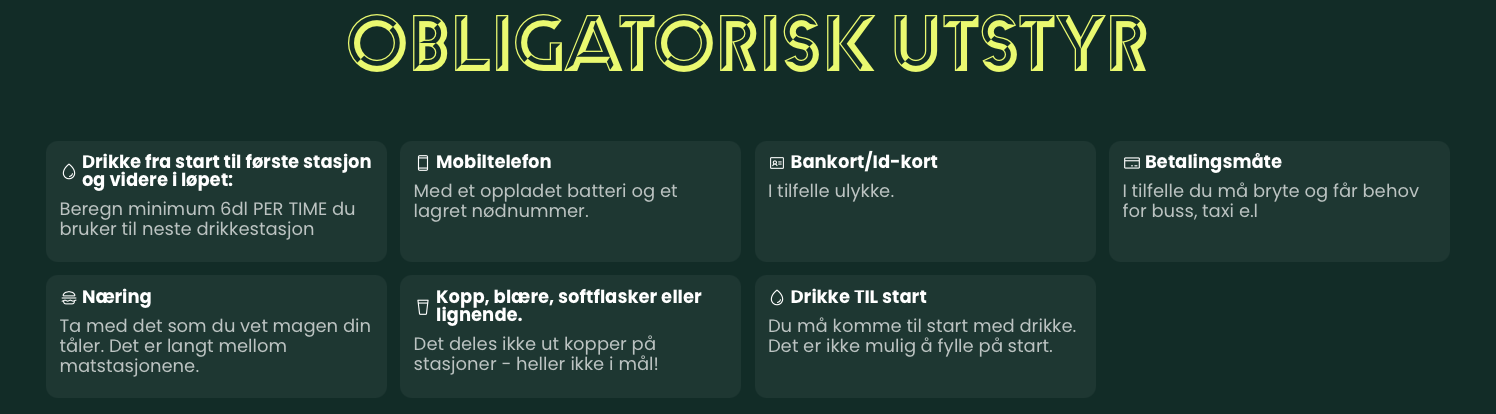 Oppdatert info under "obligatorisk utstyr"