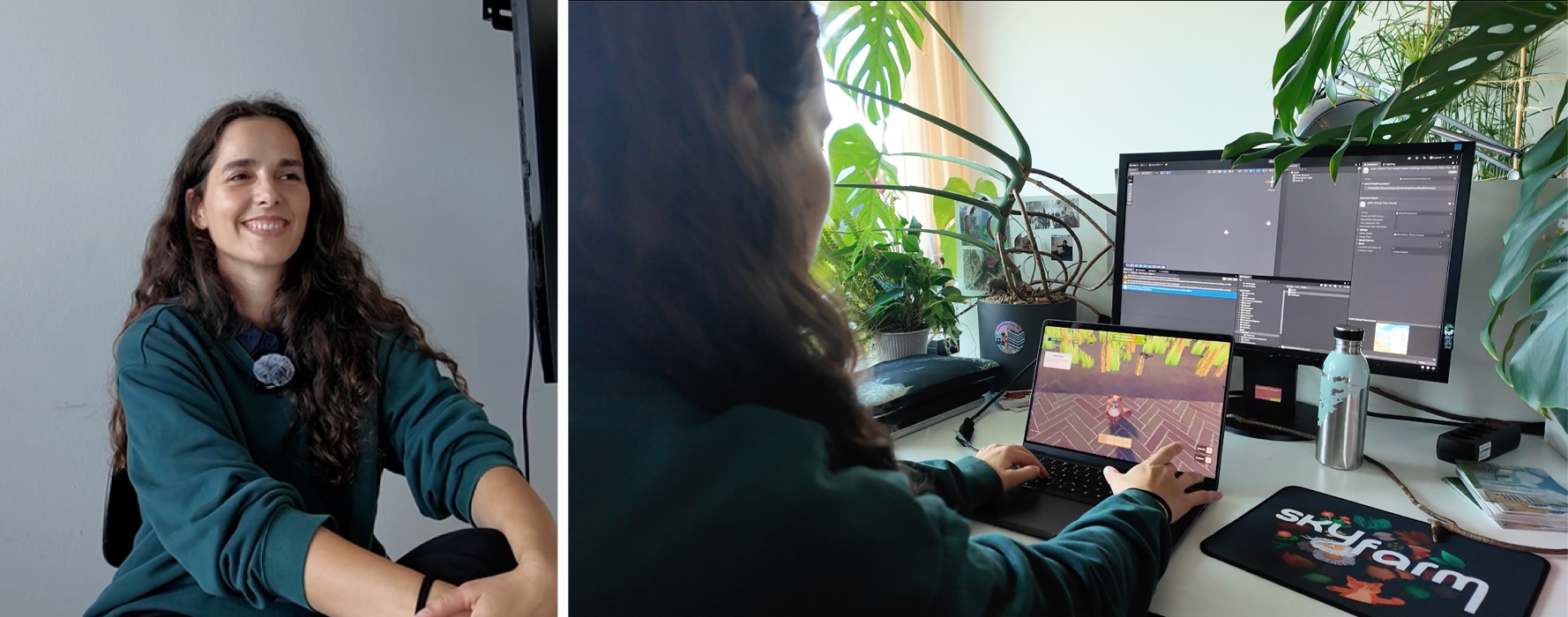 Lena Frei im Porträt (links) und bei der Entwicklung von Skyfarm (rechts).