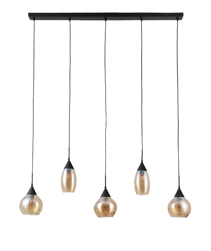 Hanglamp zwart amber glas 5-lichts - Lungo